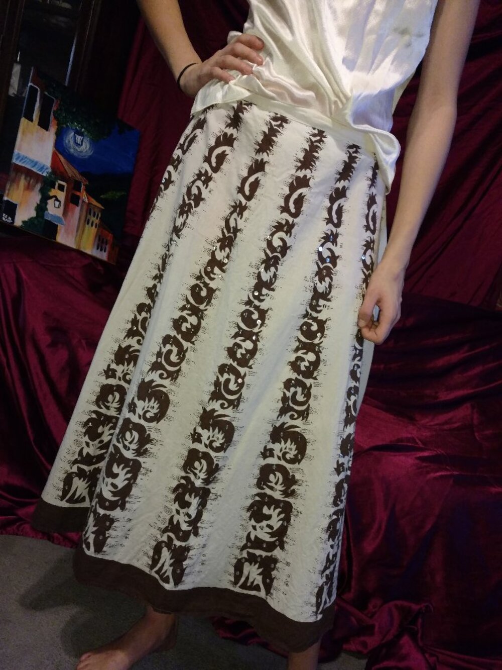 Vintage Route 66 Brown Cream BOHO Sequin Skirt Small